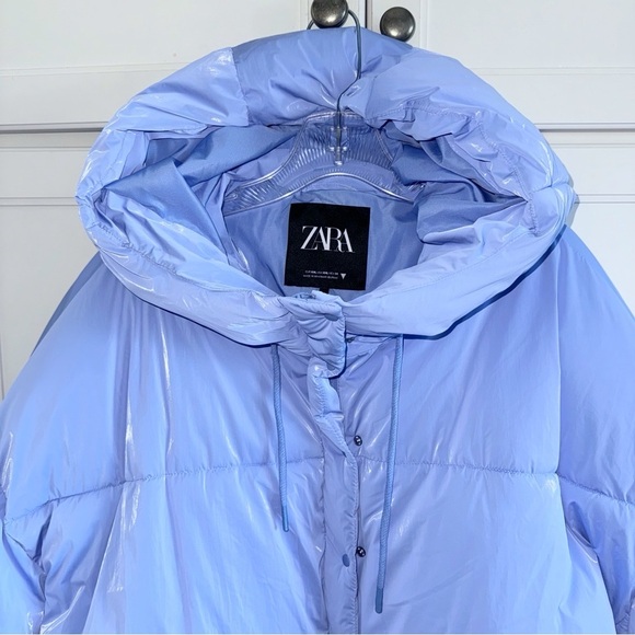 Zara Water-Repellent Quilted Hooded Jacket Shimmer Blue Puffer Coat Sz 2XL - Picture 14 of 15